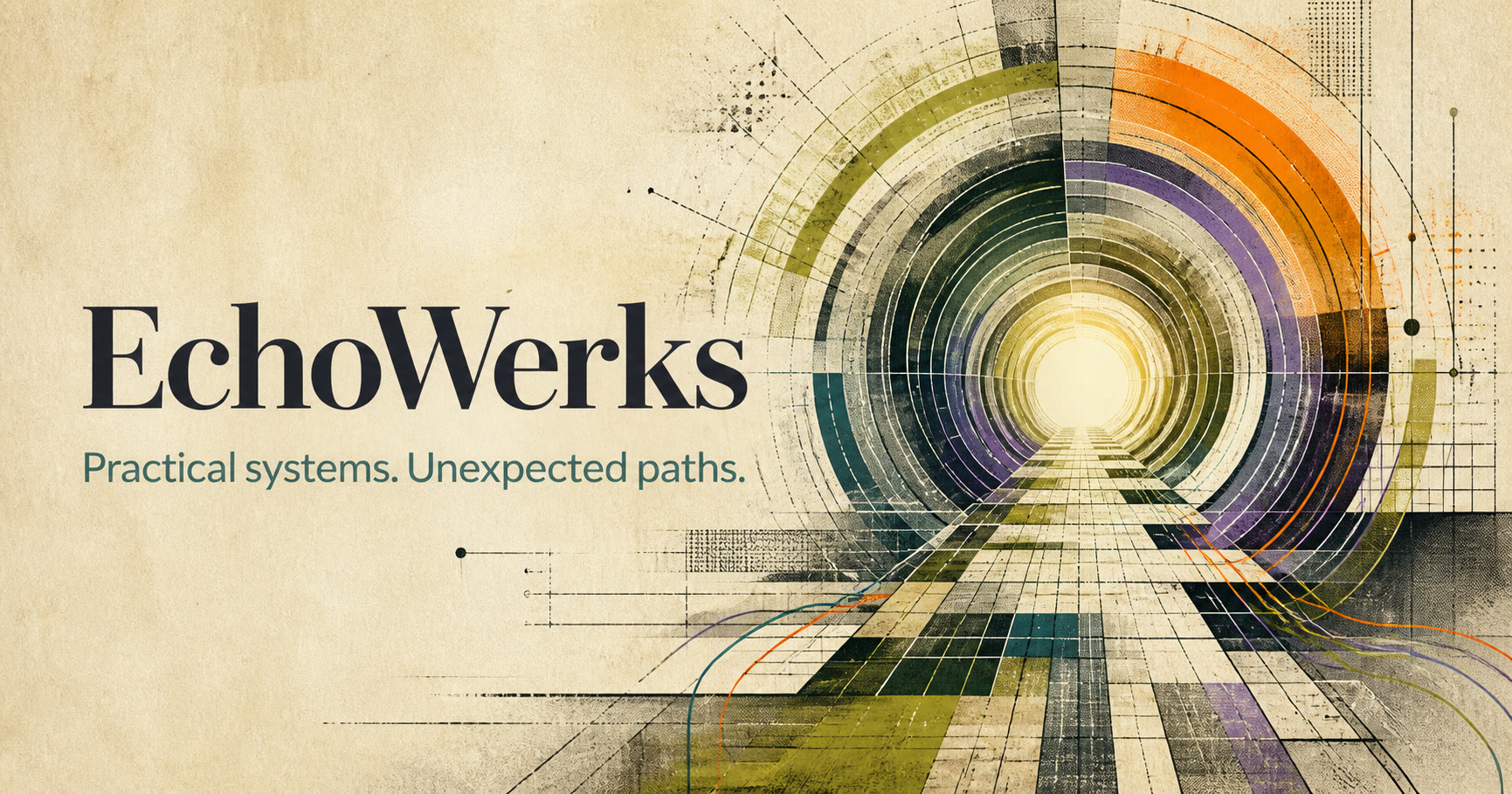 Original EchoWerks portal artwork with circuitry and a luminous path into scientific possibility