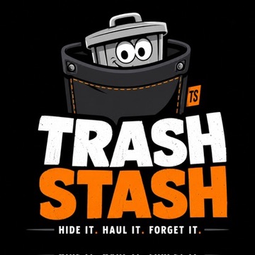 Trash Stash logo featuring a smiling trash can in a tool pouch with the tagline Hide It. Haul It. Forget It.